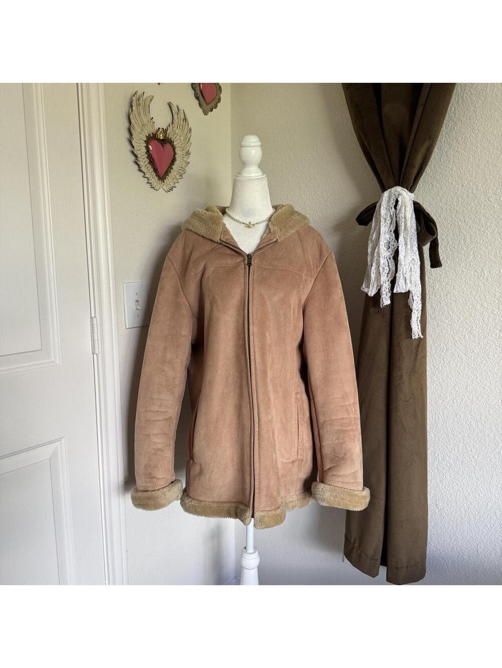 Fleet Street LTD Faux Suede Shearling Hooded Winter Coat Women's XL Tan